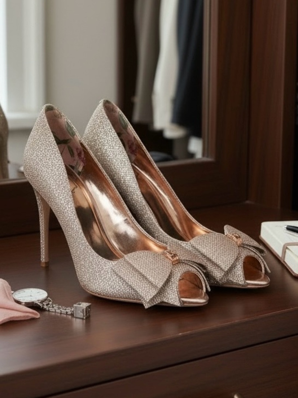 Ted Baker High Heels Shoes Size 42 US 11.5 Rose Gold Peep Toe Slip On Pumps